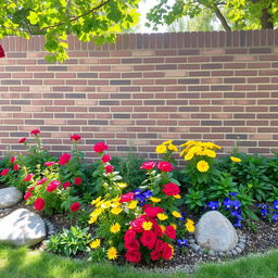 A beautifully landscaped garden scene featuring a sturdy brick wall as the backdrop, with a vibrant flowerbed at the base of the wall