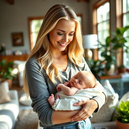 Sydney Sweeney, a stunning young woman with long blonde hair and expressive blue eyes, is gently cradling a baby in her arms