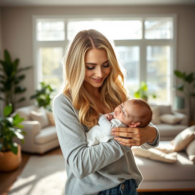 Sydney Sweeney, a stunning young woman with long blonde hair and expressive blue eyes, is gently cradling a baby in her arms