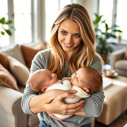 Sydney Sweeney, a stunning young woman with long blonde hair and expressive blue eyes, is gently cradling a baby in her arms