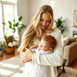 Sydney Sweeney, a stunning young woman with long blonde hair and expressive blue eyes, is gently cradling a baby in her arms