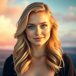 A captivating portrait of Sydney Sweeney, showcasing her radiant beauty with soft waves of blonde hair cascading around her shoulders
