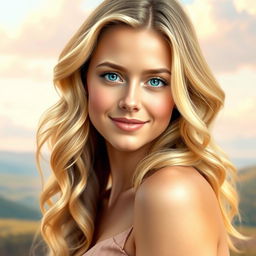A captivating portrait of Sydney Sweeney, showcasing her radiant beauty with soft waves of blonde hair cascading around her shoulders