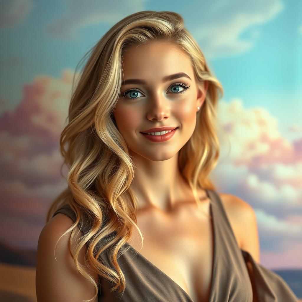 A captivating portrait of Sydney Sweeney, showcasing her radiant beauty with soft waves of blonde hair cascading around her shoulders