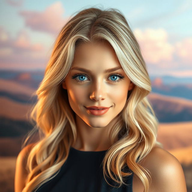 A captivating portrait of Sydney Sweeney, showcasing her radiant beauty with soft waves of blonde hair cascading around her shoulders