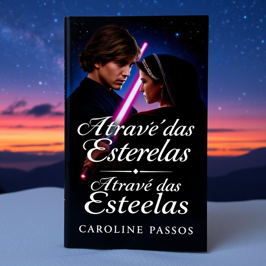 A stunning book cover featuring Anakin Skywalker and Padmé Amidala in the background, set against a breathtaking starry sky at dusk