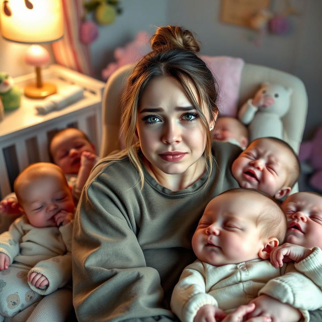 Billie Eilish as a tired new mom, surrounded by a playful chaotic scene of multiple babies, showing fatigue and love