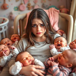 Billie Eilish as a tired new mom, surrounded by a playful chaotic scene of multiple babies, showing fatigue and love