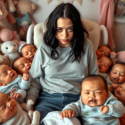 Billie Eilish as a tired new mom, surrounded by a playful chaotic scene of multiple babies, showing fatigue and love