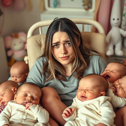 Billie Eilish as a tired new mom, surrounded by a playful chaotic scene of multiple babies, showing fatigue and love