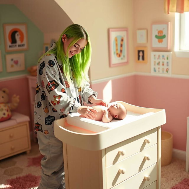 Billie Eilish, with her signature neon green hair and edgy style, is gently changing a diaper on a stylish changing table in a brightly colored nursery