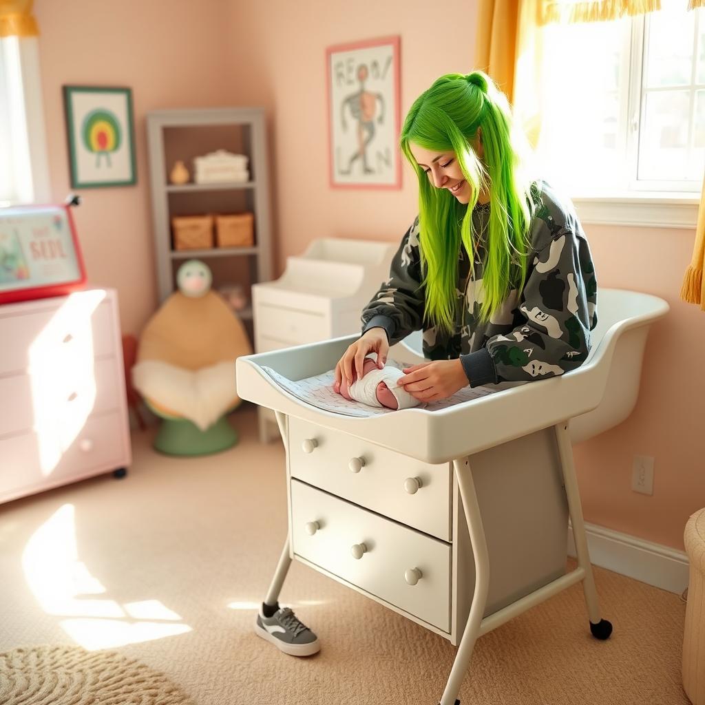 Billie Eilish, with her signature neon green hair and edgy style, is gently changing a diaper on a stylish changing table in a brightly colored nursery