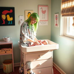 Billie Eilish, with her signature neon green hair and edgy style, is gently changing a diaper on a stylish changing table in a brightly colored nursery
