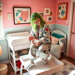 Billie Eilish, with her signature neon green hair and edgy style, is gently changing a diaper on a stylish changing table in a brightly colored nursery