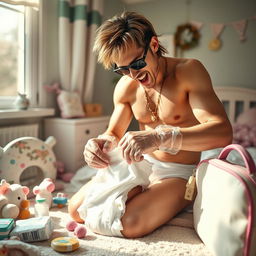 A humorous scene of a celebrity resembling a pop star, wearing clear vinyl gloves, engaged in the task of changing a dirty diaper