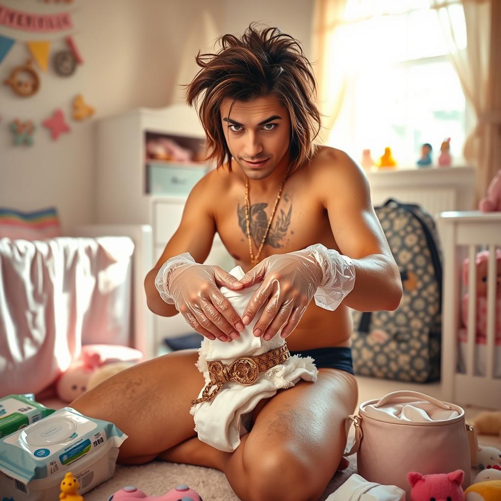A humorous scene of a celebrity resembling a pop star, wearing clear vinyl gloves, engaged in the task of changing a dirty diaper