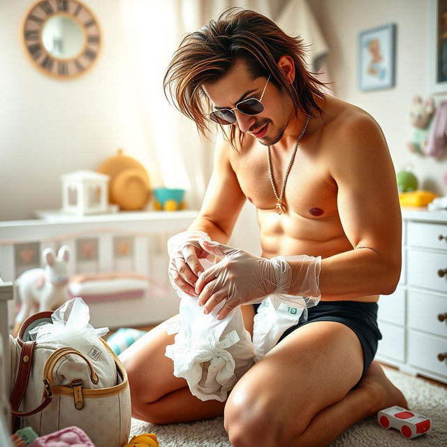 A humorous scene of a celebrity resembling a pop star, wearing clear vinyl gloves, engaged in the task of changing a dirty diaper