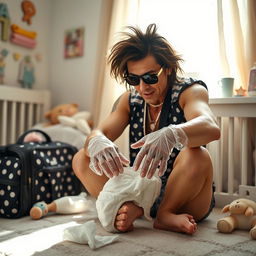 A humorous scene of a celebrity resembling a pop star, wearing clear vinyl gloves, engaged in the task of changing a dirty diaper