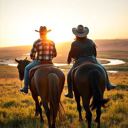 A picturesque scene of a cowboy and a cowgirl riding on horseback side by side through a vast prairie