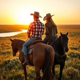 A picturesque scene of a cowboy and a cowgirl riding on horseback side by side through a vast prairie