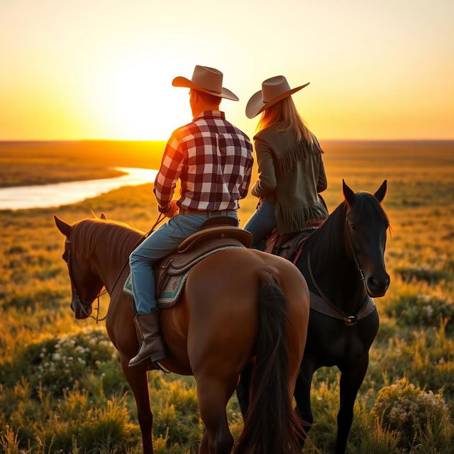 A picturesque scene of a cowboy and a cowgirl riding on horseback side by side through a vast prairie