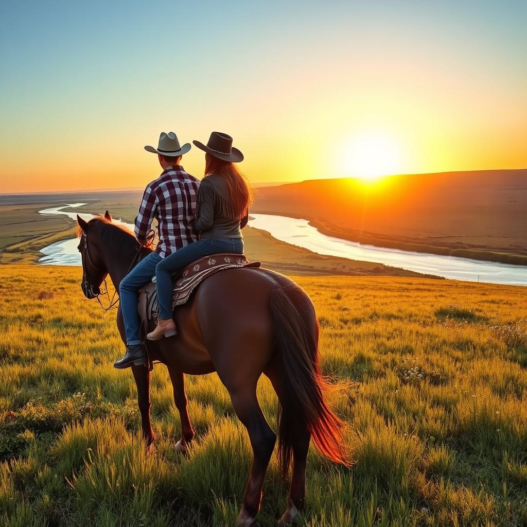 A picturesque scene of a cowboy and a cowgirl riding on horseback side by side through a vast prairie