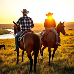 A picturesque scene of a cowboy and a cowgirl riding on horseback side by side through a vast prairie