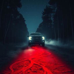 A dark, eerie scene featuring a pickup truck parked under a starry night sky, headlights illuminating the area, casting dramatic shadows