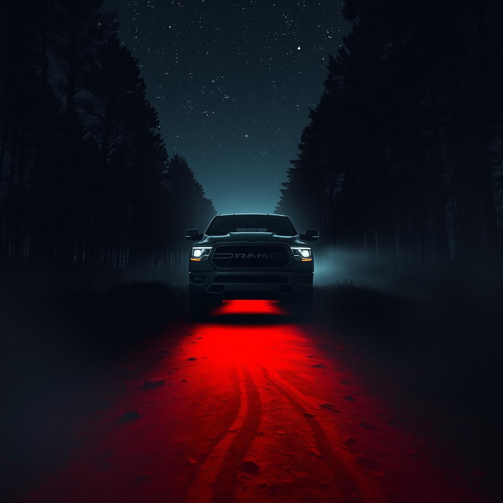 A dark, eerie scene featuring a pickup truck parked under a starry night sky, headlights illuminating the area, casting dramatic shadows