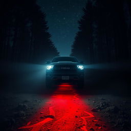 A dark, eerie scene featuring a pickup truck parked under a starry night sky, headlights illuminating the area, casting dramatic shadows