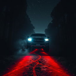 A dark, eerie scene featuring a pickup truck parked under a starry night sky, headlights illuminating the area, casting dramatic shadows