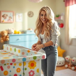 A humorous and light-hearted scene depicting a young woman resembling a pop star with long, wavy blonde hair, dressed in a casual yet chic outfit, changing a diaper on a colorful changing table adorned with playful patterns