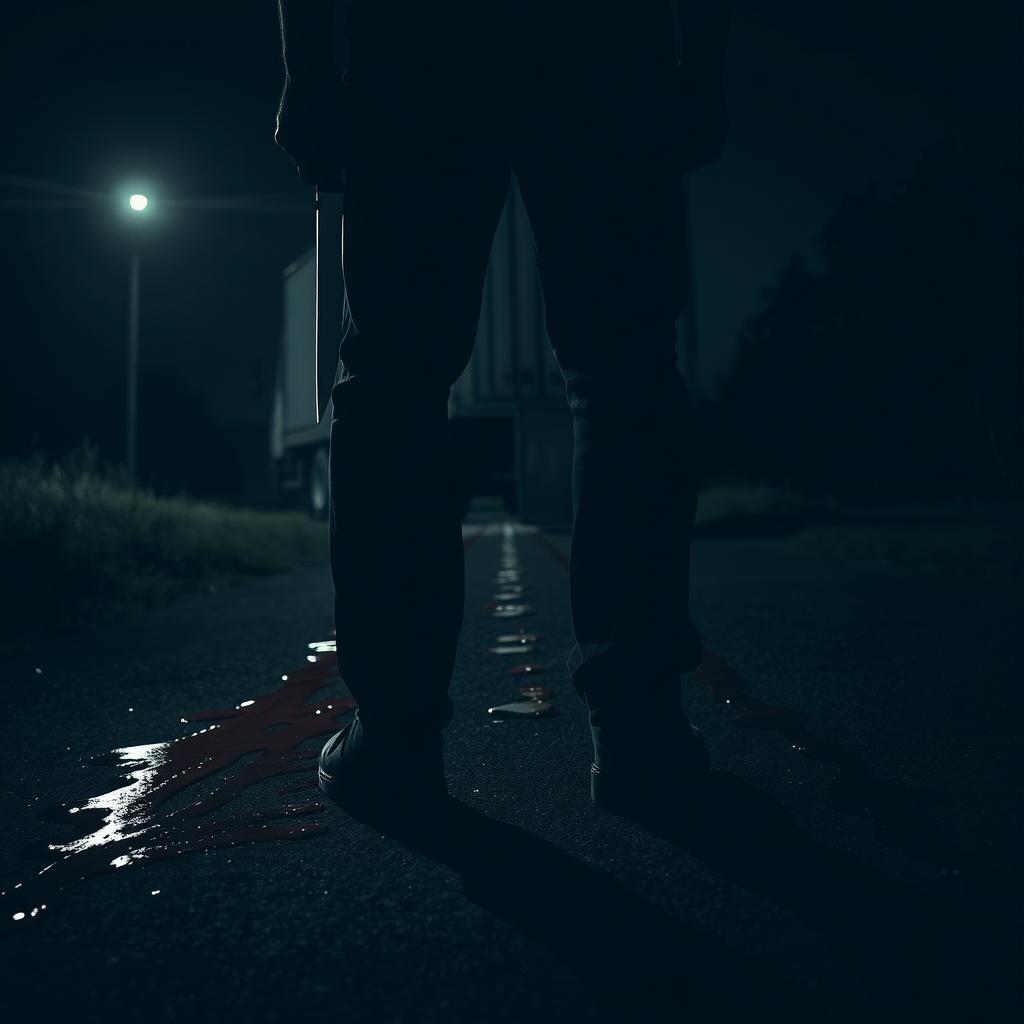 A dark night scene featuring a truck at the back, high contrasts and dramatic lighting