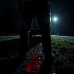 A dark night scene featuring a truck at the back, high contrasts and dramatic lighting