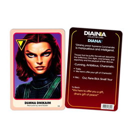 Collector's card design featuring the title "Diana, Supreme Commander" on the front, showcasing an iconic portrait of Diana with her distinctive reptilian features and the prominent V logo in the background