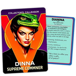 Collector's card design featuring the title "Diana, Supreme Commander" on the front, showcasing an iconic portrait of Diana with her distinctive reptilian features and the prominent V logo in the background
