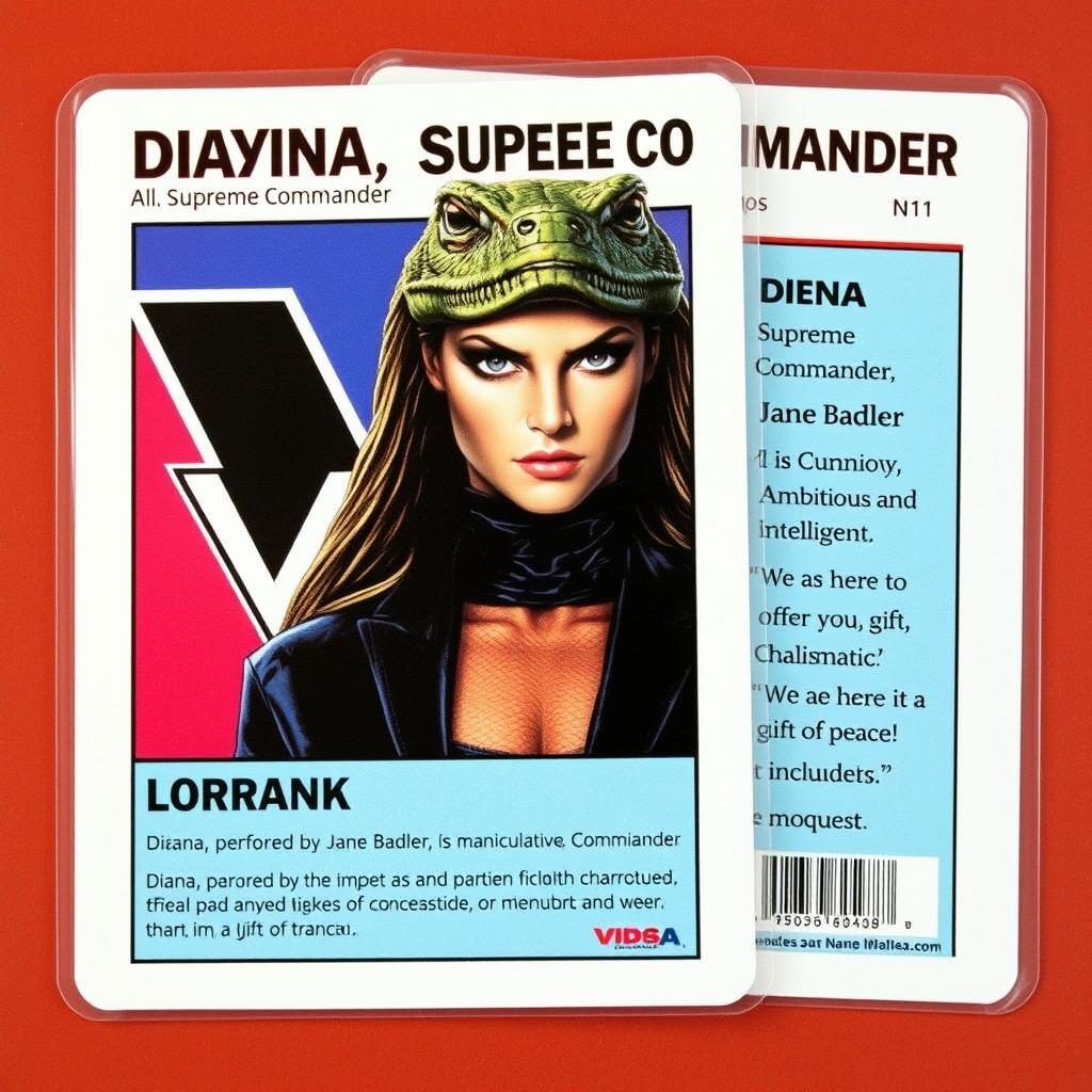 Collector's card design featuring the title "Diana, Supreme Commander" on the front, showcasing an iconic portrait of Diana with her distinctive reptilian features and the prominent V logo in the background