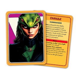 Collector's card design featuring the title "Diana, Supreme Commander" on the front, showcasing an iconic portrait of Diana with her distinctive reptilian features and the prominent V logo in the background