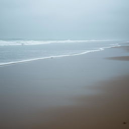 A rainy beach scene with overcast skies, showing waves crashing against the shore