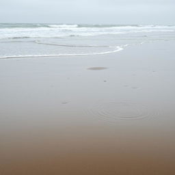 A rainy beach scene with overcast skies, showing waves crashing against the shore