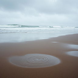 A rainy beach scene with overcast skies, showing waves crashing against the shore