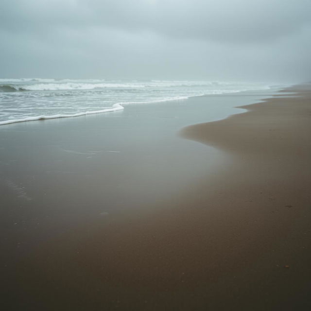 A rainy beach scene with overcast skies, showing waves crashing against the shore