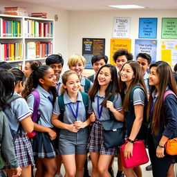 A group of high school students in a vibrant academic setting, wearing modern high school uniforms