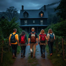 Five hikers, including one man and five women, are walking away from the viewer down a narrow path