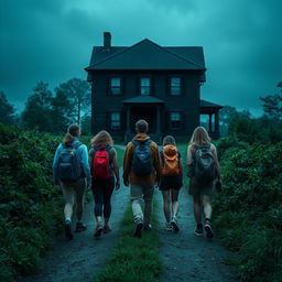 Five hikers, including one man and five women, are walking away from the viewer down a narrow path