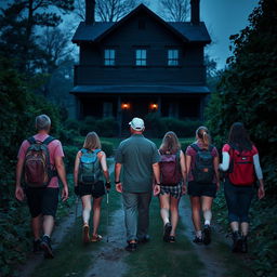 Five hikers, including one man and five women, are walking away from the viewer down a narrow path