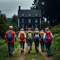 Five senderistas, one man and five women, walking from behind along a narrow path, all wearing backpacks