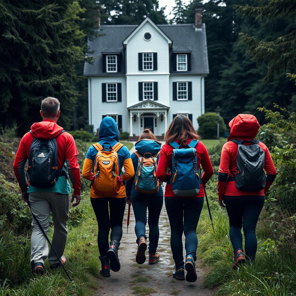Five senderistas, one man and five women, walking from behind along a narrow path, all wearing backpacks