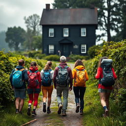Five senderistas, one man and five women, walking from behind along a narrow path, all wearing backpacks