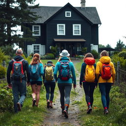 Five senderistas, one man and five women, walking from behind along a narrow path, all wearing backpacks